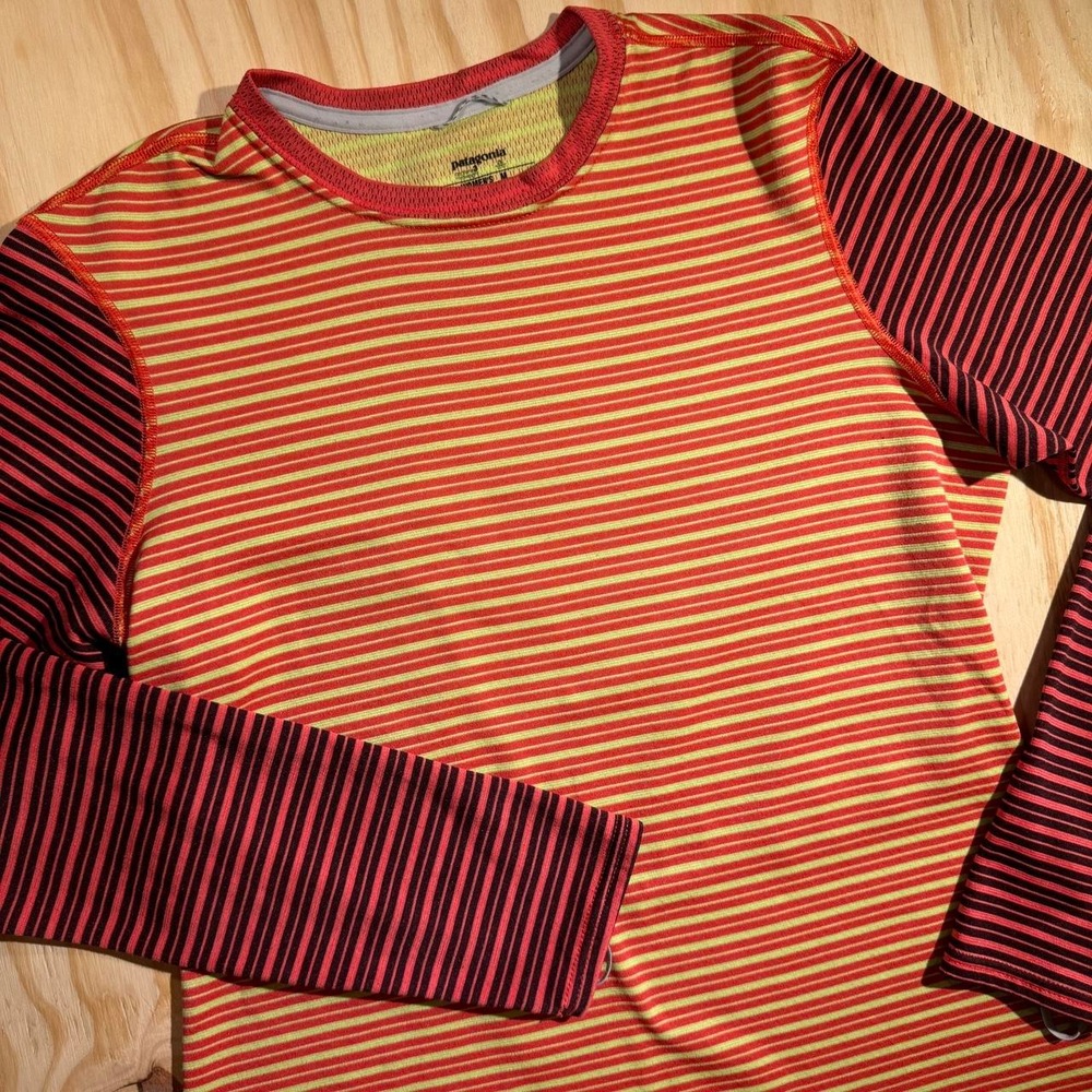 Patagonia long sleeve shirt with horizontal stripes in red and yellow, size M